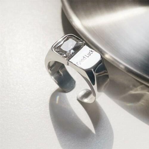 Sole Memory Shiny Crystal Good Luck Letters 925 Sterling Silver Female Resizable Opening Rings SRI978