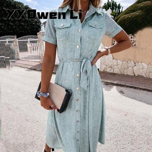 Summer Woman Casual Print Single Breasted Belt shirt Dress 2021 Fashion Elegant Ladies Short Sleeve Buttons Boho Beach Dresses
