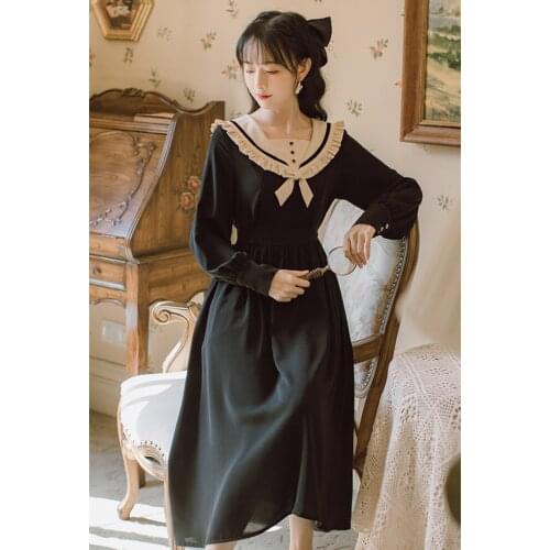 3 Colors Sweet Mori Girl Dress Women Vintage Peter Pan Collar Bow Long Sleeve Solid Maxi Dresses Kawaii Vestido Robe Femme