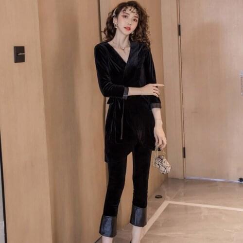 Winter thick warm comfortable casual 2 pieces women sets temperamental jacket and slim pants black vintage elegant women sets