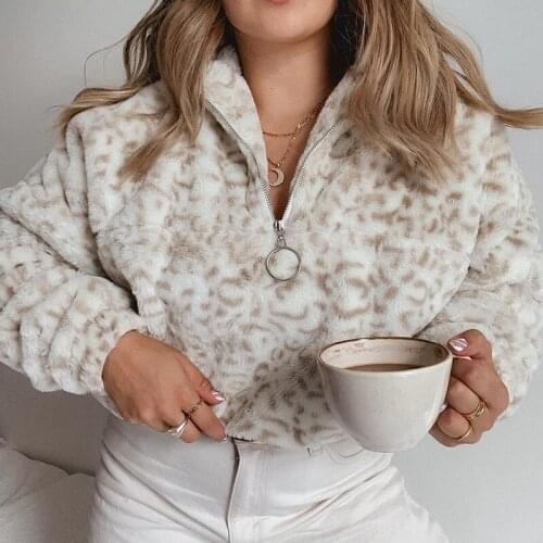 Winter Woman Warm Plush Sweatshirts Zipper Turtle Neck Sexy Leopard Print Loose Thick Pullover Tops Ladies Autumn Out Wear