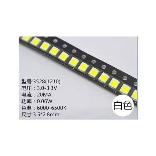 100PCS/LOT 1210 white 3528 SMD LED bright white light-emitting diodes 5000-7000k 6-7lm 2000-2200mcd 2.8-3.6v 3528 Cool white
