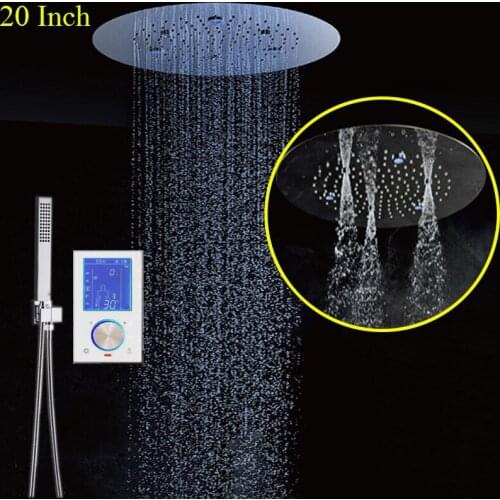 20" Round LED Bathroom Faucet Set Ultrathin Shower Head 304 Rainfall Shower Column Thermostat Display Mixing Valve Saving Water
