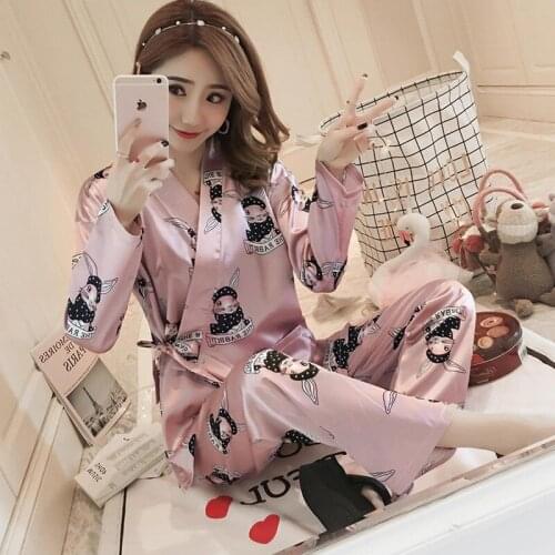2020 Autumn Silk Satin Long Sleeve Kimono Pajama Sets for Women Print Sleepwear Suit Pyjamas Homewear Pijama Mujer Home Clothes