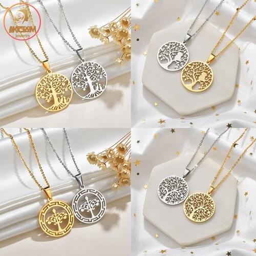 Akizoom 1PCS Vintage Tree of Life Pendant Charm Chain Necklace Stainless Steel Heart Family Trees for Women Fashion Jewelry Gift