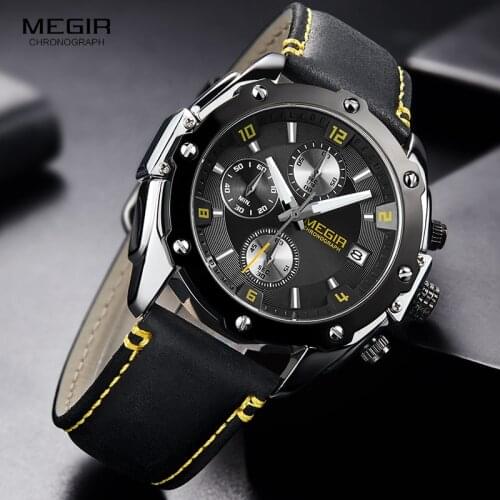 Chronograph Quartz Wrist Watches for Men Army Leather Strap Clock Military Stop Watch Man Relogios Masculino Male 2074GS-BK-1N13