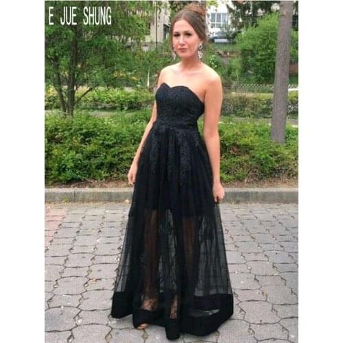 E JUE SHUNG Black Strapless Evening Dresses Lace Appliques Party Prom Gowns Backless A Line Formal Dresses Vestido De Festa