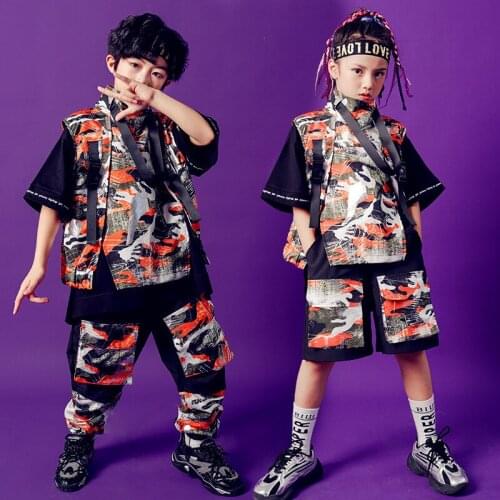 Kid Hip Hop Clothing Turtleneck Sleeveless Jacket Top Streetwear Camo Tactical Cargo Pants Shorts for Girls Boys Dance Costume