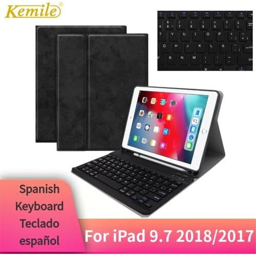 For iPad 2018 9.7 Case Bluetooth Keyboard W Pencil holder Leather Cover For iPad 2018 2017 Pro 9.7 Air 1/2 Case Spanish Teclado