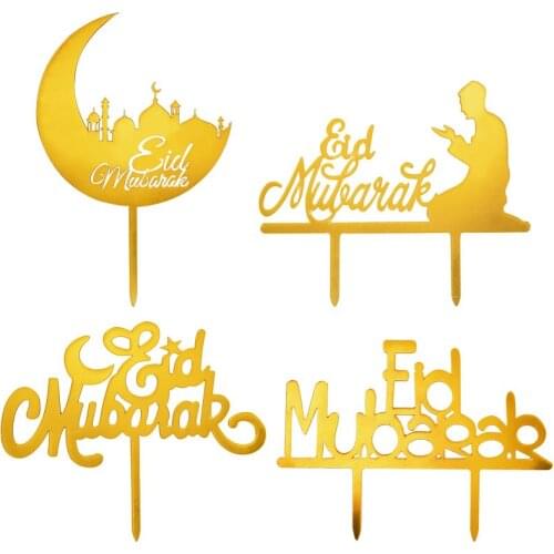 Eid Mubarak Gold Cake Topper Acrylic Cupcake Flag Decoration Happy Birthday Ramadan Muslim Eid Baking Cake Supplies