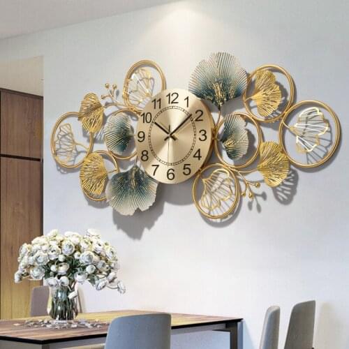 Chinese Luxury Wrought Iron Ginkgo Leaf Wall Clocks Home Livingroom Wall Mural Decoration Porch Background Wall Hanging Crafts