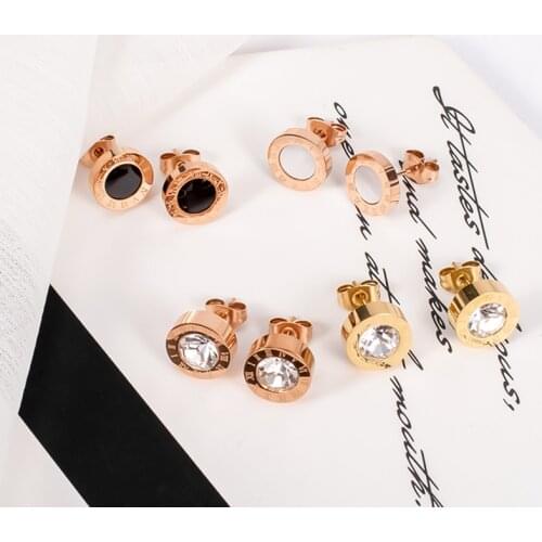 ZWC Fashion Round Anti-allergy Titanium Steel Roman Numeral Stud Earrings for Women Men Crystal Stainless Steel Earrings Jewelry