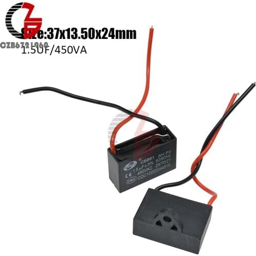 CBB61 Starting Capacitance AC Fan Capacitor 2 Wires 1.5UF 450V AC Terminal Ceiling Fan Motor Running Rectangle Capacitor