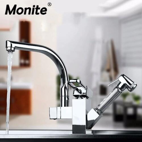 Torneira Cozinha.Polished Chrome Brass Double Spouts 360 Degree&Pull Out Kitchen Faucet.Kitchen Tap Sink Mixer