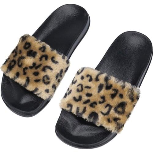 Stylish sandals indoor and outdoor ladies slippers Leopard Plush Faux Fur flip-flops
