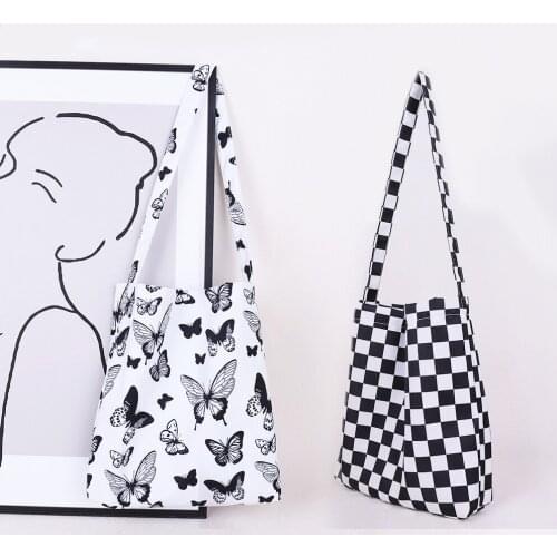 Fashion Women Checkerboard Butterfly Printing Canvas Shoulder Bag Casual Ladies Large Capacity Tote Handbags Elegant Female Bags
