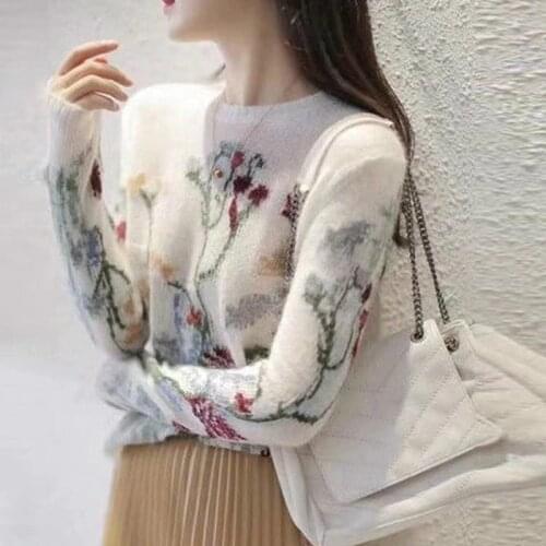 Korean Chic O Neck Long Sleeve Women Sweaters Vintage Flower Embroidery Mohair Female Pullovers Office Lady Elegant Jumper