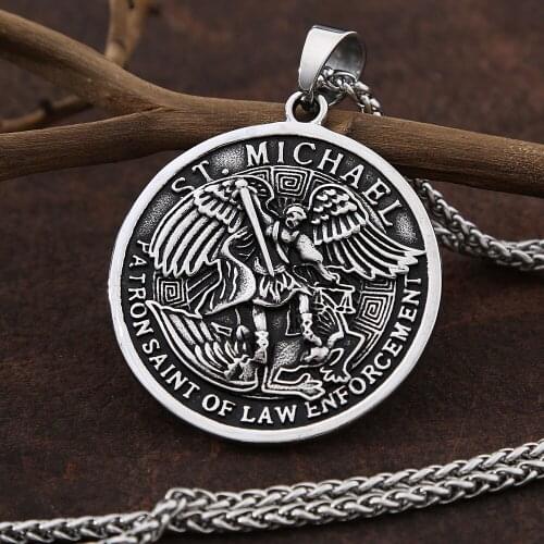 Vintage Mens Stainless Steel Archangel Michael Pendant Necklace Punk Rider Saint Michael Protect Us Necklace Christian Gift