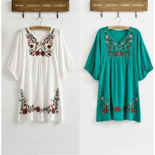 Vintage 70s Ethnic Floral EMBROIDERED Hippie BOHO Mexican puff slv Loose DRESS One Size XS S M L Elegant Dresses