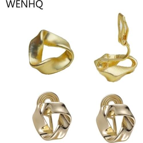 WENHQ Vintage Golden Minimalist Geometric Clip on Hoop Earrings Non Pierced Cute Earrings for Women 2021 Trend Jewelry Gift