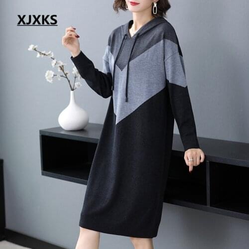 XJXKS Fashion hooded women knitted long sweater 2020 spring new comfortable casual women dress