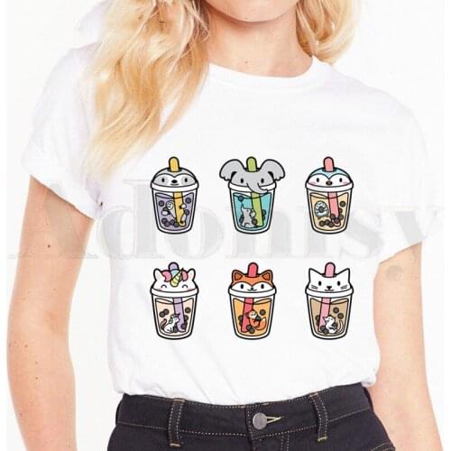 Cute Cartoon Bubble Milk Tea Boba Milk Tea Printed Short Sleeve Female Tops Tees Harajuku Vintage Womens T-shirt
