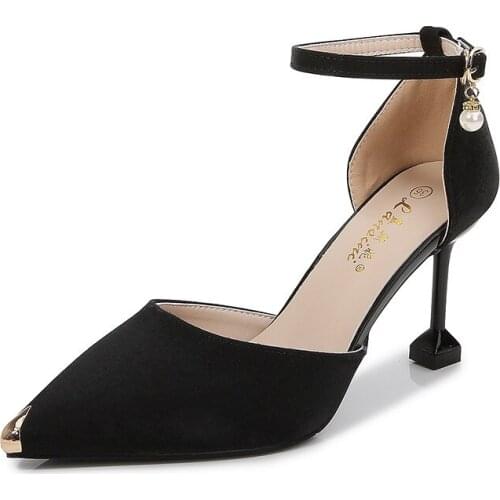 2020 Top seller - Women sandals Flock Buckle Strap 6CM 8CM Thin High Heels Pointed Toe Shallow Back Strap Metal decoration shoes