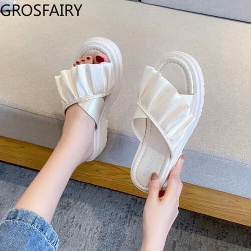 2021 Womens Sandals and Slippers, Outer Wear Thick-soled Flip-flops, Womens Summer New Fashion Ruffled Home Outdoor Slippers