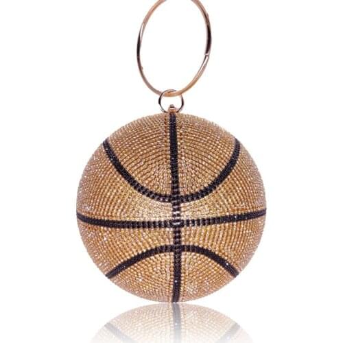 Women Rhinestones Handbag Basketball Shape Round Clutch Bag Gold Bling Diamond Purse for Evening Party Wedding