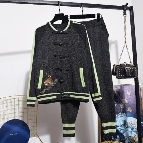2020 Autumn New Women Fashion Embroidery Plate Buckle knitted Cardigan Sweater + Casual Pants Two Piece Set Women Knit Suit H691