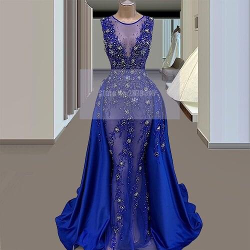 Brilliant Royal Blue Round Neck Mermaid Evening Dress Removable Skirt Floor-Length Sleeveless Beaded Sequins Vestido de festa