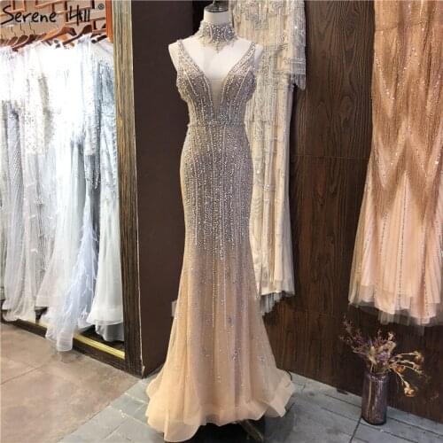 Dubai Champagne Pearls Diamond Formal Gowns Design 2020 V-Neck Sleeveless Sexy Evening Dresses Serene Hill LA70055