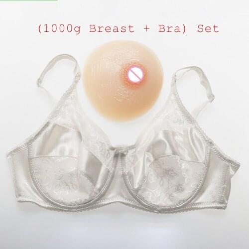 1000g/pair Beige Silicone Breast Form Shemale Crossdressers Drag Queens Boobs Artificial Tits+Sexy Lace Satin Pocket Bra) Set