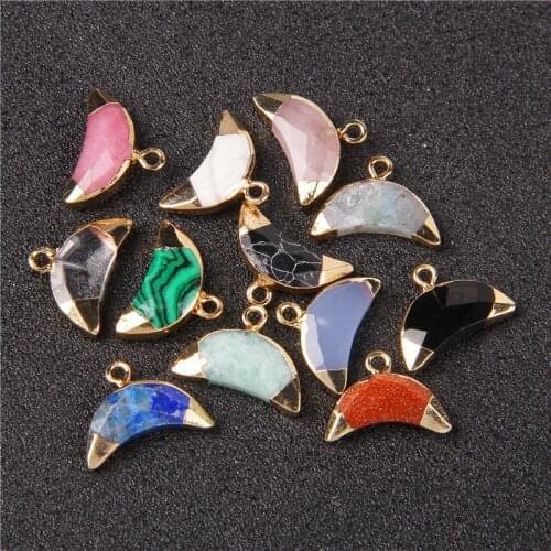 2pcs/lot Fashion Horn Shape Pendant Metal Natural Stone Lapis Lazuli Pink Rose Quartzs Pendants Charms for DIY Jewelry Making