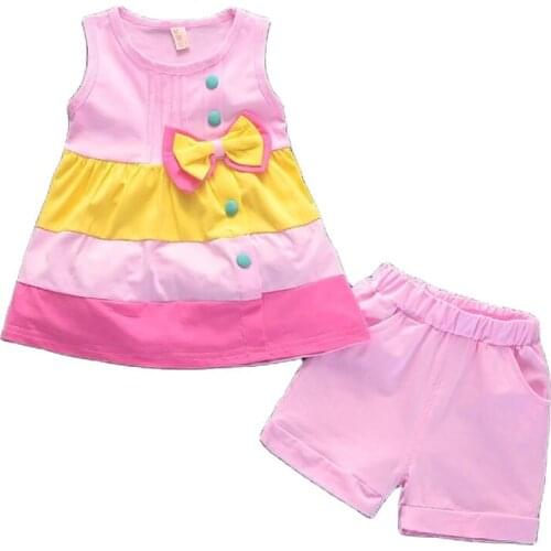 2021 Toddler Kids Baby Girls Outfits Clothes Bowknot Vest Tops+Shorts Pants 2PCS Set Cotton Children Clothes