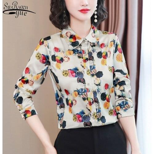 2021 Plus Size Ladies Tops Office Lady Long-Sleeve Floral Button Cardigan Women Blouse Printed Satin Silk Shirt for Women 10723