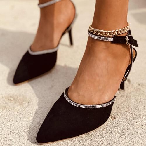 2021 Women Pointed Toe Crystal Sandals Woman High Heels Buckle Mule Shoes Female Solid Ladies Summer Office Party Plus Size 43