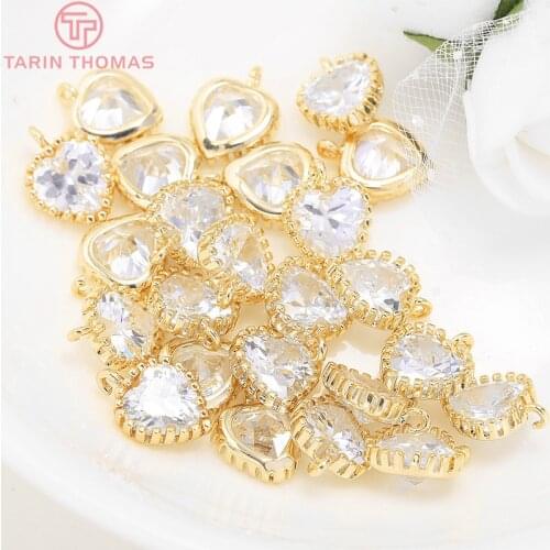4PCS 8.5x11MM 24K Gold Color Plated Brass with Zircon Heart Charms Pendants High Quality Diy Jewelry Accessories