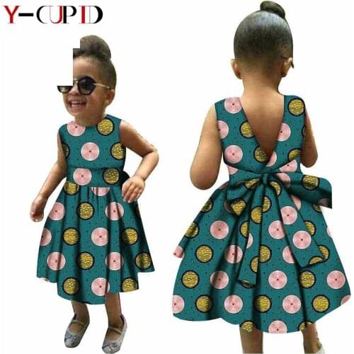African Clothes for Kids Bazin Riche Baby Girls Print Ankara Back Bowtie Dresses Children Clothing Custom Party Vestido YS204003