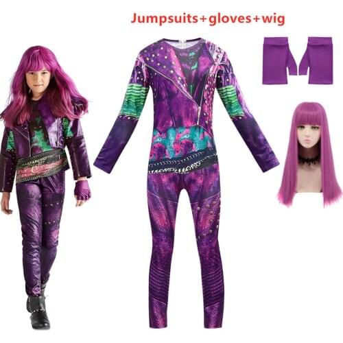 Anilnc Descendants 3 Evie Dark Blue Long Wavy Wig kids adult Cosplay Costume + Jumpsuits halloween costume for kids