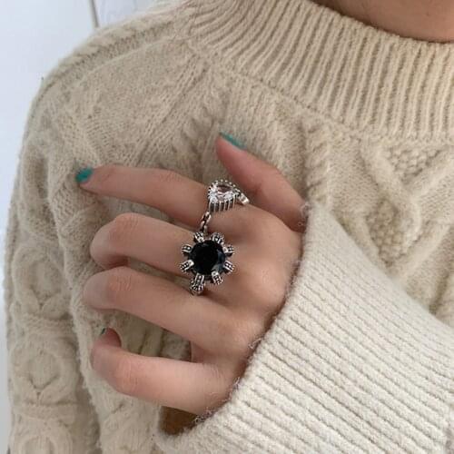 Bohemian Vintage Black Stone Metal Retro Rings Water Drop Crystal Open Adjustable Rings Sets for Women Girl Finger Jewelry Gifts