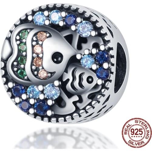 New 925 Sterling Silver Fit Original 3mm Pandora Bracelet&Bangle Fashion Blue Zircon Fish Pattern DIY Beads Jewelry for Women