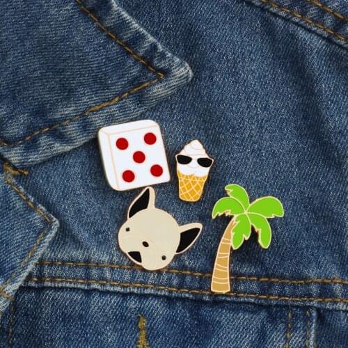 Cartoon Brooches Dog Coconut Tree Ice Cream Dice Enamel Pins Cute Funny Badges Fashion Accessories Lapel Denim Pin Metal Jewelry