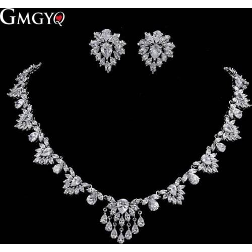 GMGYQ Elegant Brides Wedding Jewelry Sets for Women Zirconia Leaf Silver Color Earrings Chain Sets Diner Dress Accessories