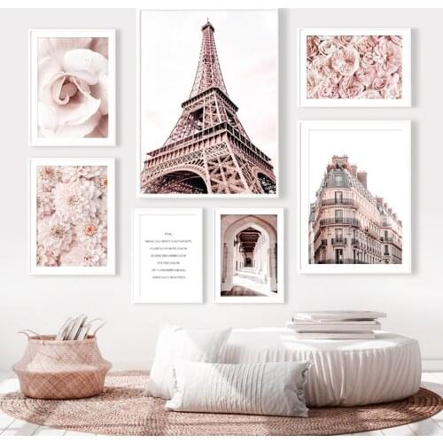 Pink Rose Dahlia Paris Tower Arch Quote Wall Art Canvas Painting Nordic Posters And Prints Wall Pictures For Living Room Decor