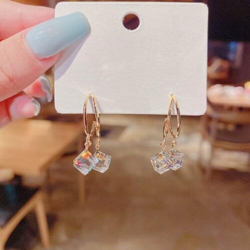 Korean High Grade Cubic Square Crystal Pendant Earrings For Women Delicate New Jewelry Earings