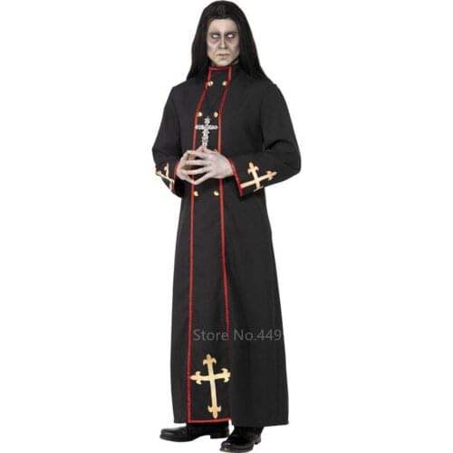 Halloween Missionary Scary Cosplay Costume Men Priest Zombie Black Cross Carnival Party Long Robes Religious Catholic Medieval