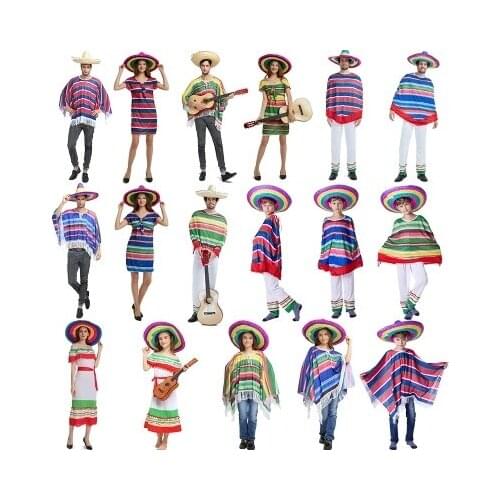 Halloween Adults Kids children stripe Mexico costume Mexico Cloak cape straw hat for adults and children performance costumes