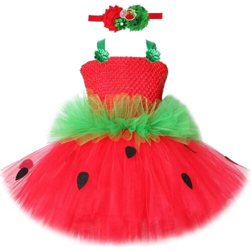 Red Green Strawberry Dresses for Girls Princess Tutu Dress with Flowers Headband Cute Children Kids Costume for Birthday Party