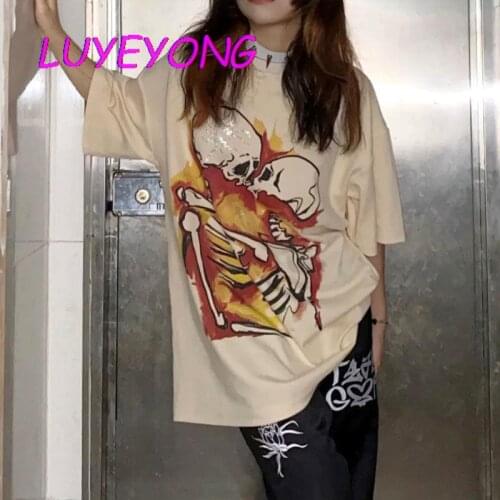 Summer Gothic Basic Cotton Tops Lady Skull Fire Print Ctystle Floral Short Sleeve T Shirt Beige Y2k Girl Harajuku O Neck T Shirt